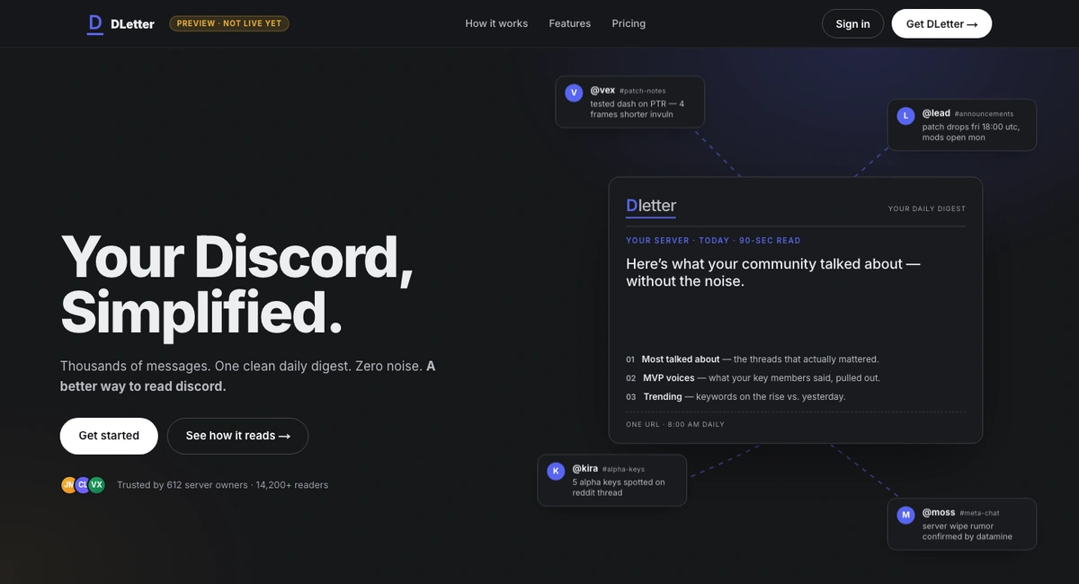 DLetter's dark landing page, 'Your Discord, Simplified.' beside a daily-digest mockup ringed by floating Discord messages.