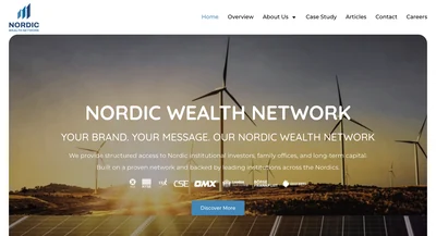 Nordic Wealth Network homepage over a wind-turbine and solar-farm sunset photo, listing NYSE, TSX, OMX exchange logos.